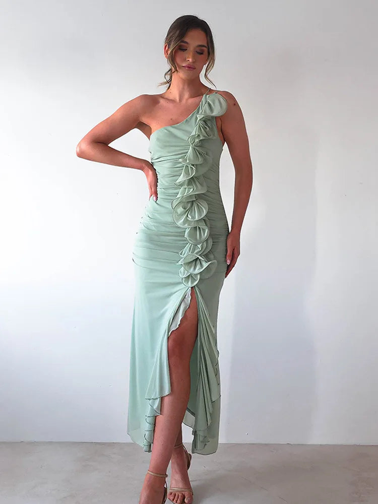 One-Shoulder Ruffle Ruched Midi Dress