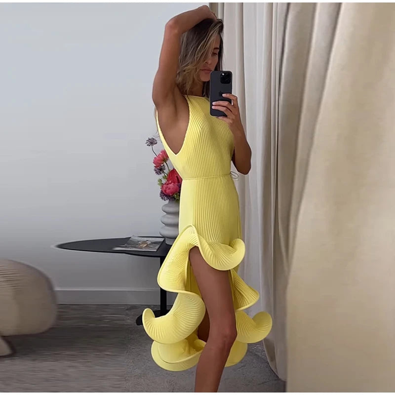 High-Neck Sculpted Ruffle Slit Midi Dress
