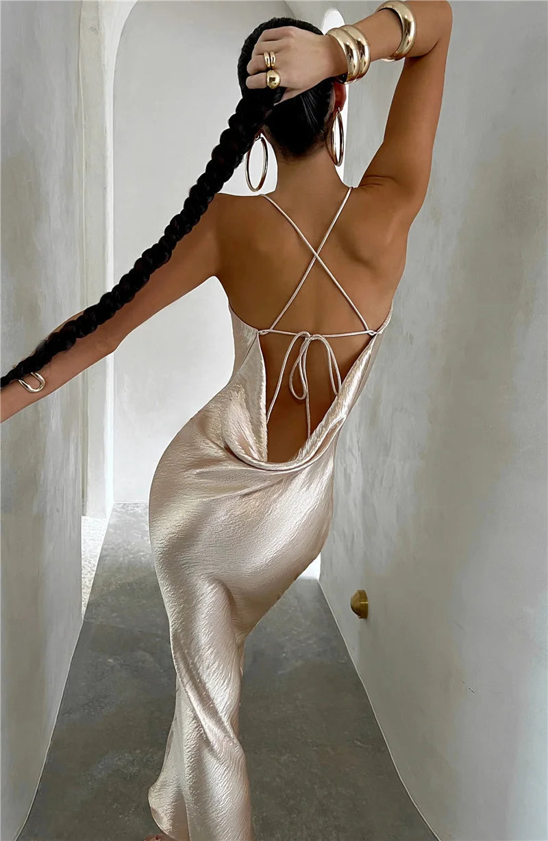 Satin Cowl Neck Spaghetti Strap Maxi Dress